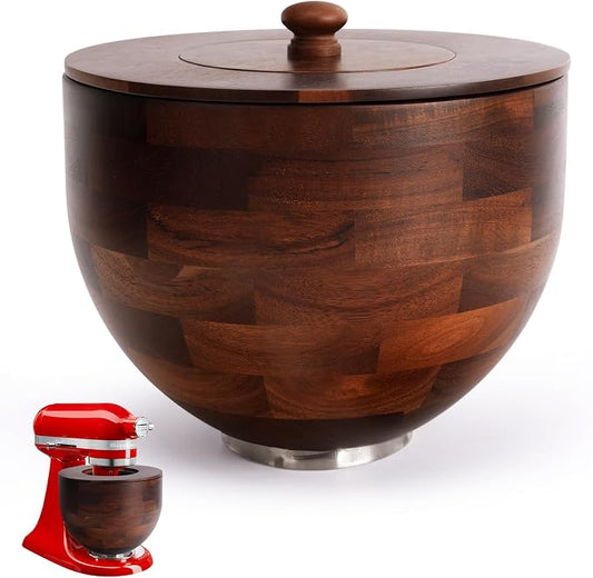 Wood Mixing Bowl Compatible with KitchenAid 4.5-5 Qt Tilt-Head Stand Mixer. | Natural True Acacia Wooden Bowls with Lid Cover, 5 Quart Kitchen Aid Bowls for Mixer with Stainless Steel Locking Base.