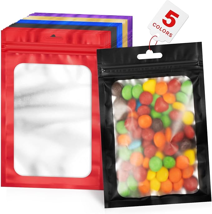 ANZNKU 100 PCS Multicolor Resealable Mylar Bags with Frosted Clear Window Packaging Bags Foil Pouch Zipper Bag for Food Self Sealing Jewelry Storage Supplies (3.54x6.29)