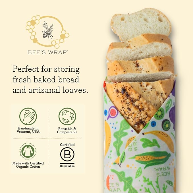 Bee's Wrap Beeswax Wraps for Bread - Beeswax Bread Wrap for Sourdough & Bread Storage - Plastic Free Made in USA Reusable Natural Food Wrap - Garden Party