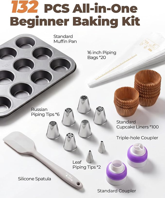 Bake Choice Cupcake Pan for Baking, 132 PCS Muffin Pan Kit with Cupcake Liners, Scraper, Pastry Bags, Coupler, Russian Piping Tips Set, Muffin Tin Nonstick 12 Cup Baking Supplies