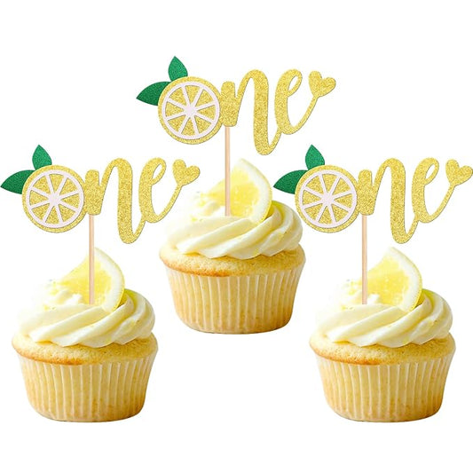 24 PCS Lemon One Cupcake Toppers Glitter Fruit Lemonade First Birthday Cupcake Picks for Lemon Theme Baby Shower 1st Birthday Party Cake Decorations Supplies Gold