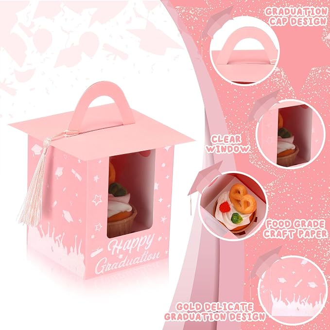 Outus 30 Pcs Graduation Cupcake Boxes Graduation Gift Box Congrats Grad Cupcake Container Candy Boxes with Window and Tassel for 2026 College High School Grad Party(Pink)