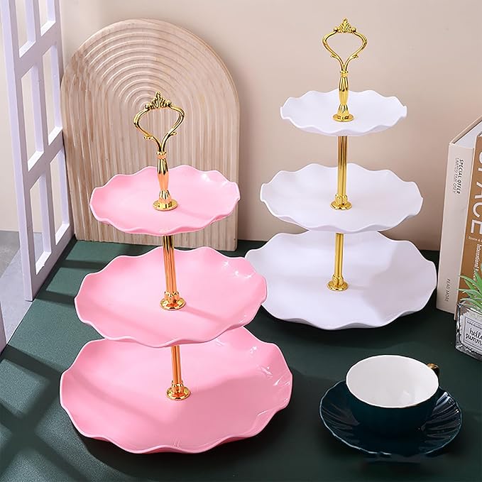 2 PCS 3 Tier Cupcake Stand Holder, Plastic Cupcake Holder Towel with Multiple Layers of Trays, Used for Cupcakes, Donuts, Fruits, Etc., White (White+Pink)