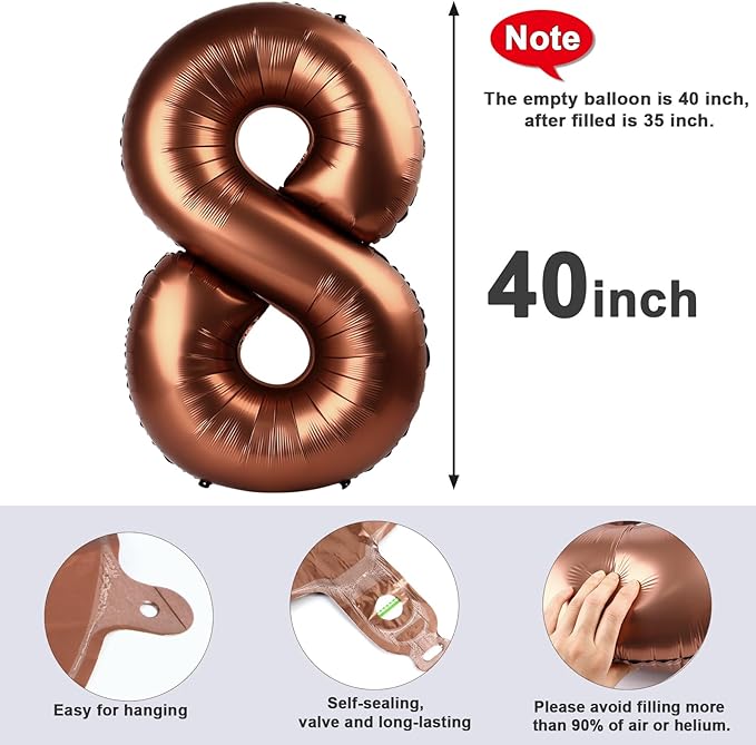 40 Inch Number 8 Balloon, Coffee Brown 8 18 28 80 Birthday Balloons for Men Boys, 8th Birthday Decorations Party Supplies, Wedding, Graduations