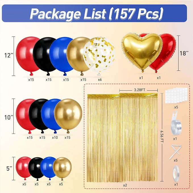 157Pcs Red Black Gold Blue Balloons Garland Arch Kit with Gold Fringe Curtain Backdrop for Birthday Baby Shower Party Decorations