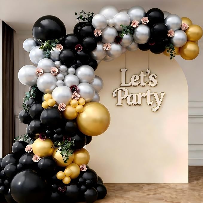 Black Gold Silver Balloon Garland Arch Kit, 143Pcs Black Gold Silver Latex Balloons for New Year 2026 Graduation Retirement Birthday Party Decoration