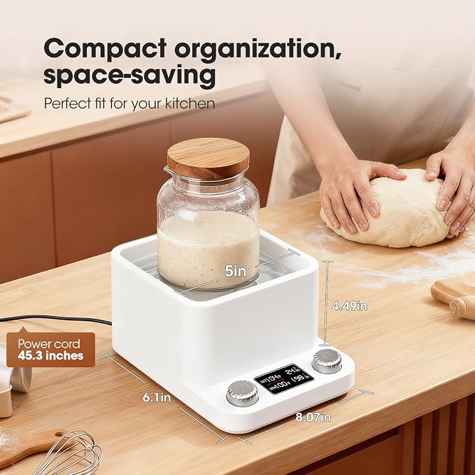 Sourdough Starter Warmer | Water Bath Precise 1°F Thermostat (70-104°F) Sourdough Warmer| For jars under 50 oz | 1-198H Memory Timer | 360° Uniform Warmer |Fermenter's Dream for Home Baking (White)