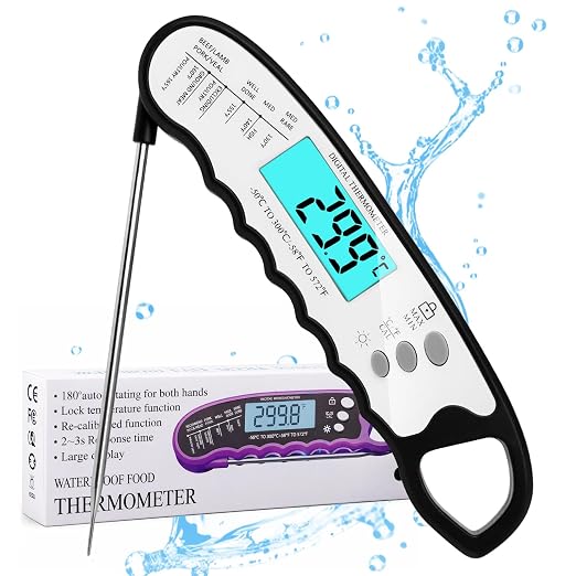 COOLMI Digital Meat Thermometer for Cooking - 2s Instant Read Food Thermometer, Waterproof, 180 Auto-Rotating Backlit Large Display, Temp Lock & Recalibration, for BBQ Grill Kitchen Oil Candy