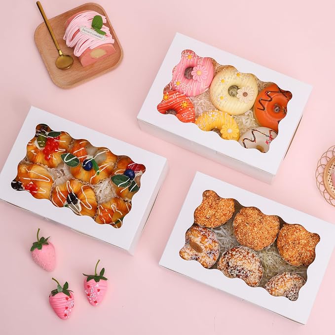 Moretoes 12pcs Cookie Boxes with Window, 9x6x3 Inch White Bakery Boxes Pastry Containers for Chocolate Covered Strawberries, Candy, Muffins, Donuts