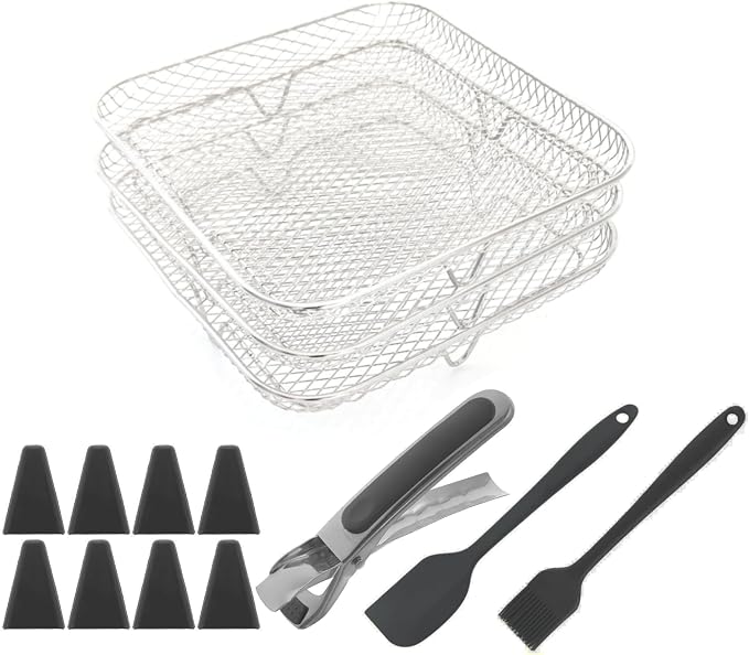 3 layer Square Air Fryer Rack, Stainless Steel Dehydrator, Air Stainless Steel Dehydrator Grill Enhanced Airflow Design Air Fryer Rack for Chicken Wings Vegetables Dual Cakes (Square Set)
