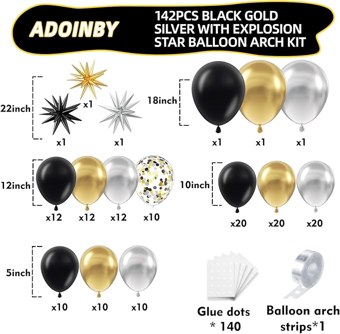 Black Gold and Silver Balloon Arch Kit, 142Pcs Metallic Chrome Balloons and Stars Balloon Garland kit, Different Size Balloons Kit for New Year Men Birthday 2026 Graduation Party Decorations