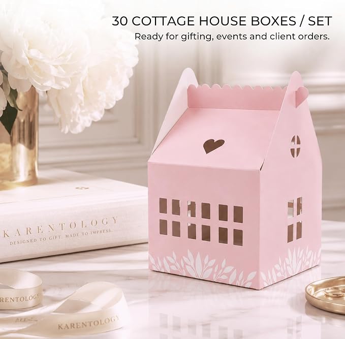 30 Pcs Cottage House Cookie Boxes with Window & Business Card Holder, Blush Pink, 4 x 4 x 6 in Bakery Gift Boxes for Treats, Desserts, Party Favors & Realtor Pop By Gifts