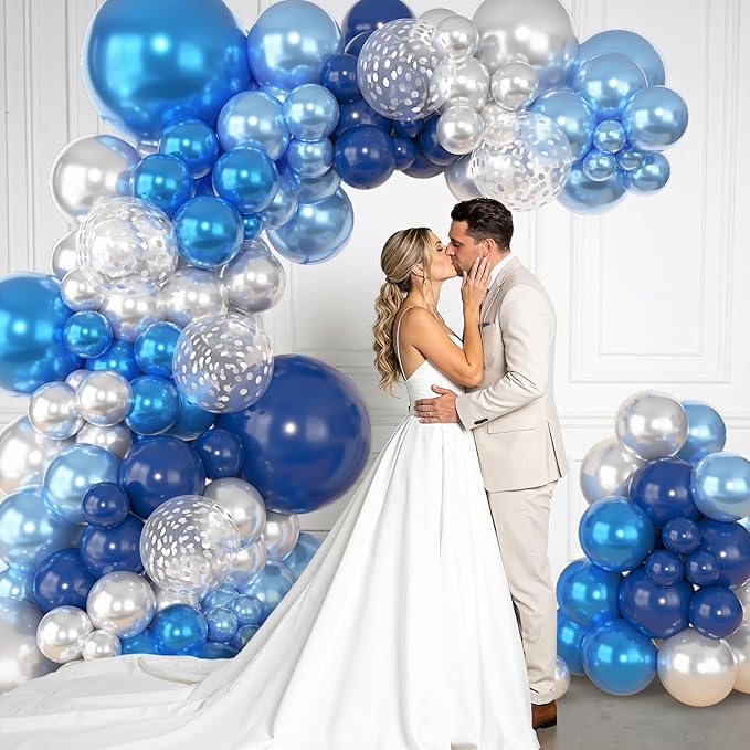 Amandir 153pcs Blue and Silver Balloon Garland Arch Kit, Different Sizes 18 12 10 5 inch Royal Navy Blue Latex Metallic Confetti Balloons for Graduation Wedding Shower Birthday Party Decorations
