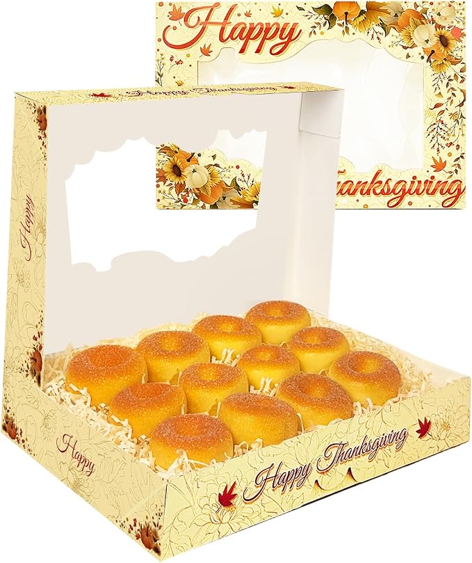 qiqee Thanksgiving 14x10x2.5 inch Auto-pop Up 24Pcs Cookie Box with Window Thanksgiving Pumkin Flower Pastry Macaron Bakery Box For Thanksgiving Day