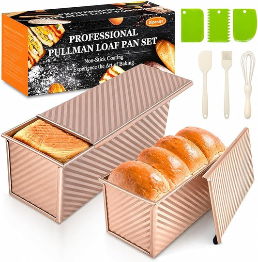 2Pack Loaf Pans with Lids – 2.2 LB & 1 LB Dough Capacity, Non-Stick Carbon Steel Bread Pans for Homemade Sandwich and Sourdough Bread, Corrugated Toast Mold