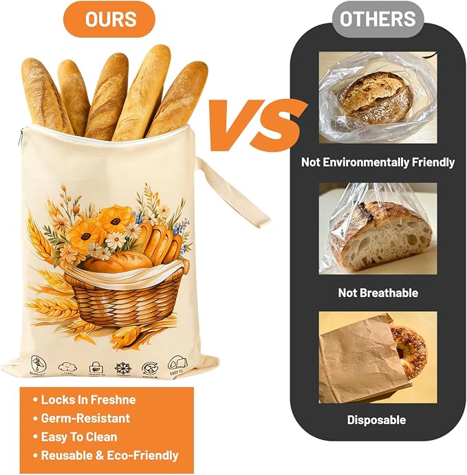 Reusable Bread Bags for Homemade Bread 2 Pack, L-shaped Zipper Beeswax Bread Bag for Easy Access, Keeps Bread Fresh Longer, Freezer Safe Breathable Cotton Beeswax Bread Bags for Sourdough
