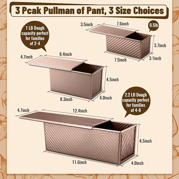 3 Pack Pullman Loaf Pans with Lids, 2.2LB 1LB 0.5LB Bread Pans, Non-stick Carbon Steel Bread Pans for Homemade Sandwich and Baking Sourdough Bread, Corrugated Toast Mold, Golden