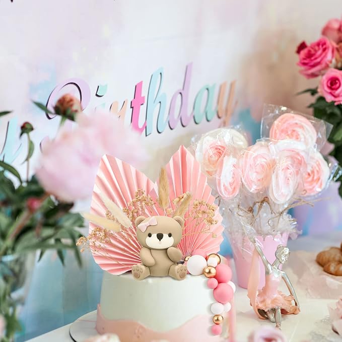 Yinder Bear Cake Toppers Mini Bear Cake Decorations Cake Toppers Gold White Pearl Ball for Birthday Party Decorations(Pink, Brown,Boho Style)