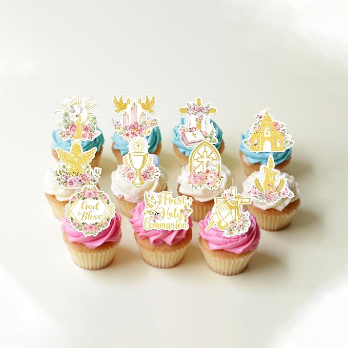 60 PCS Edible God Bless Cupcake Toppers Dove Cross Baptism Cupcake Picks Edible Floral First Holy Communion Cake Decorations for Gold Bless Baptism Theme Baby Shower Birthday Party Supplies Pink