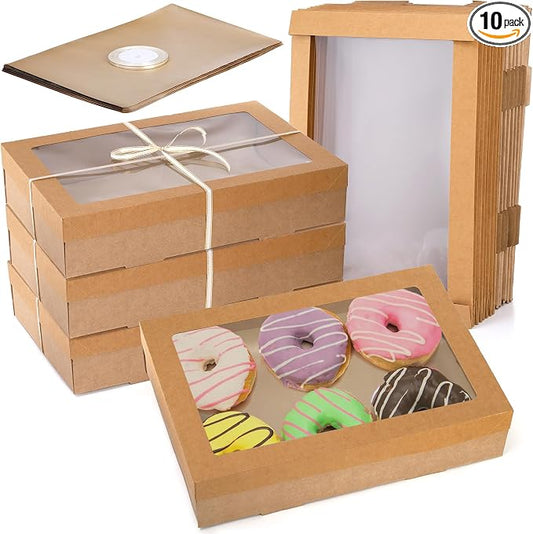 yarlung Set of 10 Kraft Bakery Box with Clear Window Lid, 14"x10"x3" Foldable Brown Paperboard Food Wrapping Tray with Greaseproof Paper for Cookies, Donuts, Pies, Picnic, Gift Packaging Ribbon