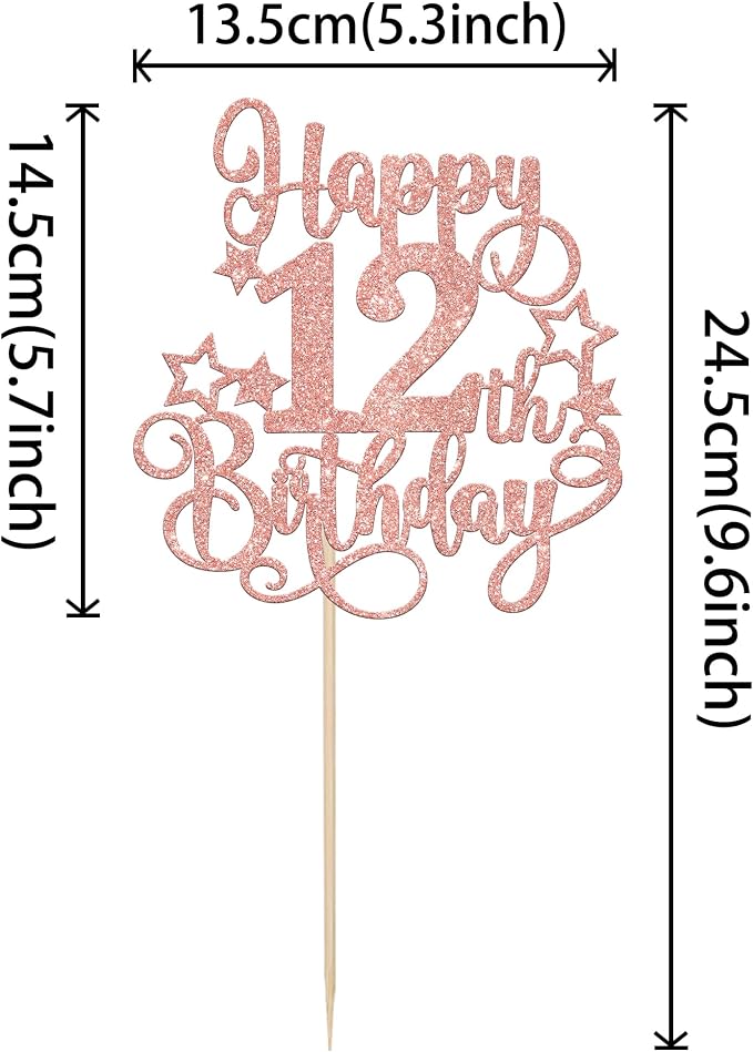 1 PCS Happy 12th Birthday Cake Topper Glitter Cheers to 12 Years Birthday Cake Pick Hello 12 Fabulous Cake Decoration for Happy 12th Birthday Anniversary Party Decorations Supplies Rose Gold