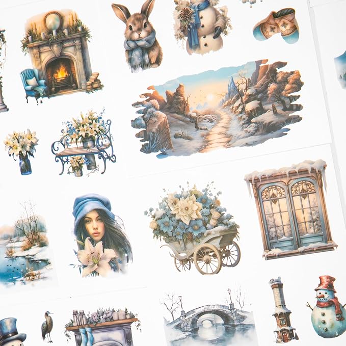 Winter Theme Sticker Scrapbooking Supplies for Junk Journal, 20 Sheets PET Stickers - Vintage Journaling Stickers, Ephemera Sticker Book Pre Cut(TZ-006-002)