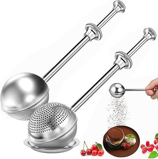 2Pcs Flour Sifter for Baking, One-hand Operation Sugar Shaker Stainless Steel | Long Handle Flour Sifter with Tray, Sourdough Bread Baking Supplies, Fine Mesh Holes, For Stirring, Gift Package