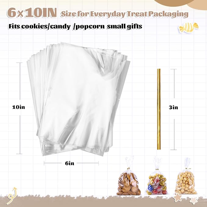 LOKQING Cellophane Bags Plastic Gift Bag Clear Cookie Candy Bags with Twist Ties for Party Favor Bag, Graduation Gift Bags(200 Pack, 6x10inch)