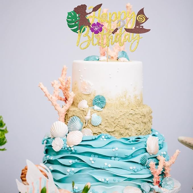 1 PCS Moana Happy Birthday Cake Topper Glitter Palm Leaf Flower Moana Cake Pick Tropical Hawaiian Luau Theme Cake Decorations for Baby Shower Kids Birthday Party Supplies Gold