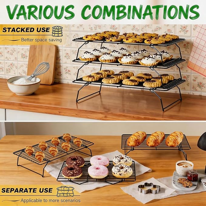 Antenat 3-Tier Stackable Cooling Rack – 15.8"x10" Heavy Duty with Legs,Collapsible & Stackable For batch cooling cookies,Cake, Pizza, Bread, Sourdough, Oven & Dishwasher Safe