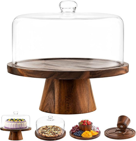 Acacia Wood Cake Stand with Lid - 12 Inch Magnetic Detachable Cake Stand with Dome, Shatterproof Acrylic Cover, Versatile Cake Holder & Charcuterie Board for Parties, Dessert Table Display