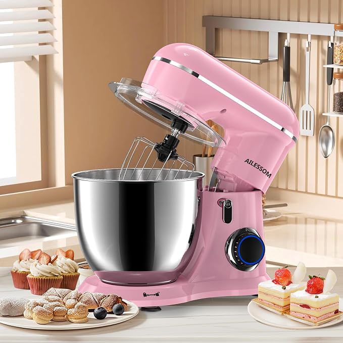 SAMSAIMO 3-IN-1 Electric Stand Mixer, 10-Speed With Pulse Button, Attachments include 6.5QT Bowl, Dough Hook, Beater, Whisk for Most Home Cooks, Sakura Pink