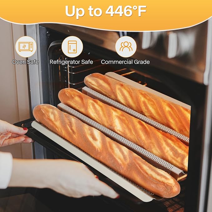 Baguette Bread Pan, Perforated French Bread Pan, Nonstick Bread Pans for Baking, with Baguette Kit – Includes Proofing Cloth & Dough Cutter, 15x11 Inch Golden, 3 Loaf