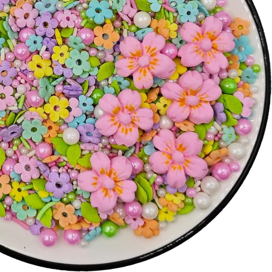6 Large Pink Edible Flowers Mixed with Colorful Mini Flowers Sprinkles, White Green Pink Sugar Pearls Leaf and Jimmies for Cake Decorating Cupcake Toppers Cookie Dessert Decorations, 4.6 oz