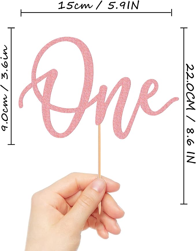 MYAMPED First Birthday Cake Topper - Glitter Pink 'One' Sign, Suitable for Shower Favors, Gender Reveal, Party or Photo Booth Props