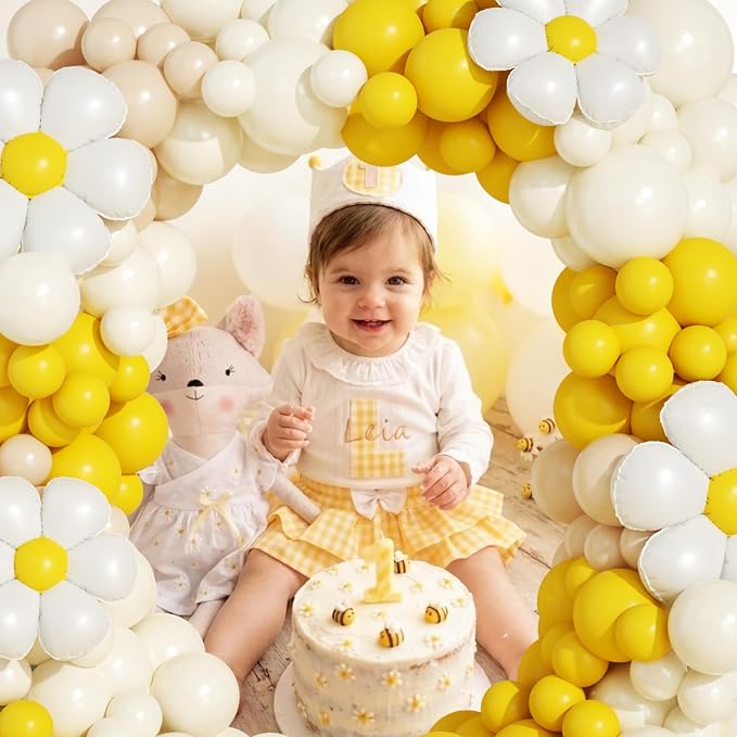 Bee Balloon Garland Arch Kit, Mustard Yellow Brown White Balloons with Daisy Balloon for Sunflower Bee Theme Gender Reveal Birthday Party Baby Shower Decorations