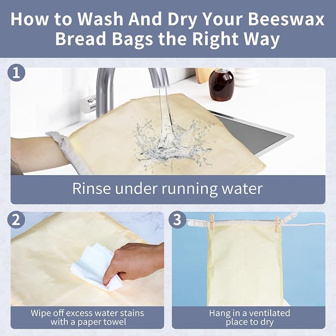 Saicefe 2 Pack Reusable Beeswax Bread Bags for Sourdough & Homemade Bread, Cotton Waxed Bags Keeps Fresh Longer XL Food Storage Bags with Beeswax Lining, Freezer Safe, Baking Supplies for Sourdough