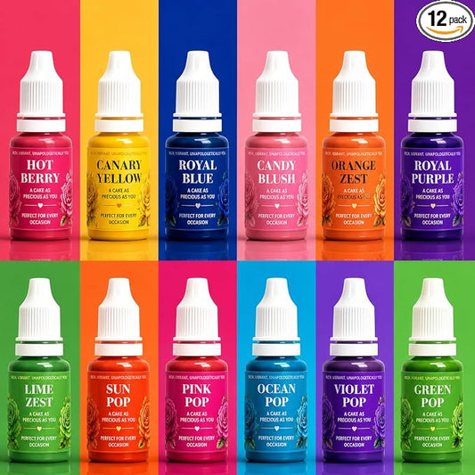Confect Birthday Bash Gel Food Coloring Set – 12 Highly Pigmented Colors for Buttercream, Cakes, Cookies, Macarons & Baking – 10mL Bottles