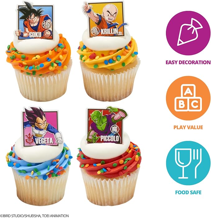 24 Dragon Ball Z Cupcake Rings | DecoPac Cupcake Toppers Featuring Goku, Vegeta, Krillin, Piccolo | Food Safe Square Decorations - 24 Pack