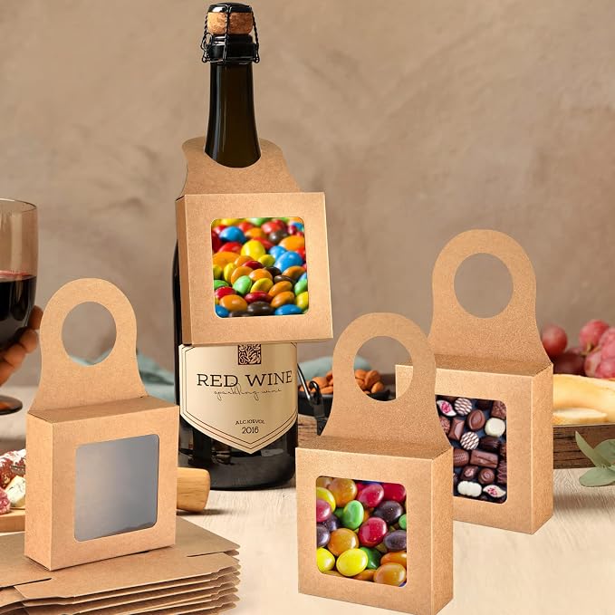 Mototo 30 PCS Kraft Paper Wine Bottle Boxes with Transparent Window Hanger Foldable Wine Bottle Empty Gift Boxes with Hanger for Valentines Christmas Candy Truffles Chocolate Cookies Packing, Kraft