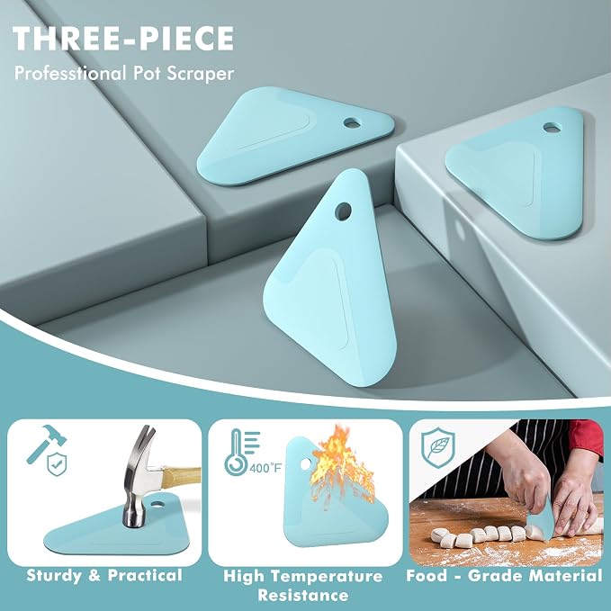 Food Scraper, 2-in-1 Pot and Pan Dish Scraper, Nylon and Silicone, Kitchen Scraper Tools for Cast Iron Skillets, Cookware, Dishes, Pans and Pots, Heat Resistant, Set of 3, Blue