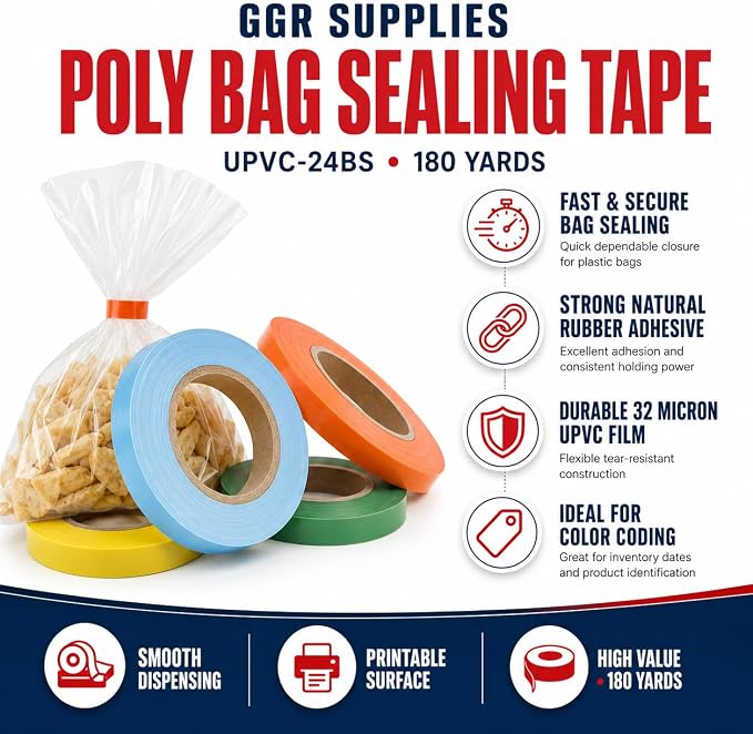 GGR Supplies UPVC-24BS Light Blue Poly Bag Sealing Tape, 3/8 Inch x 180 Yards, Bag Sealing Tape for Produce, Bakery, Candy, Food Packaging and Inventory Color Coding
