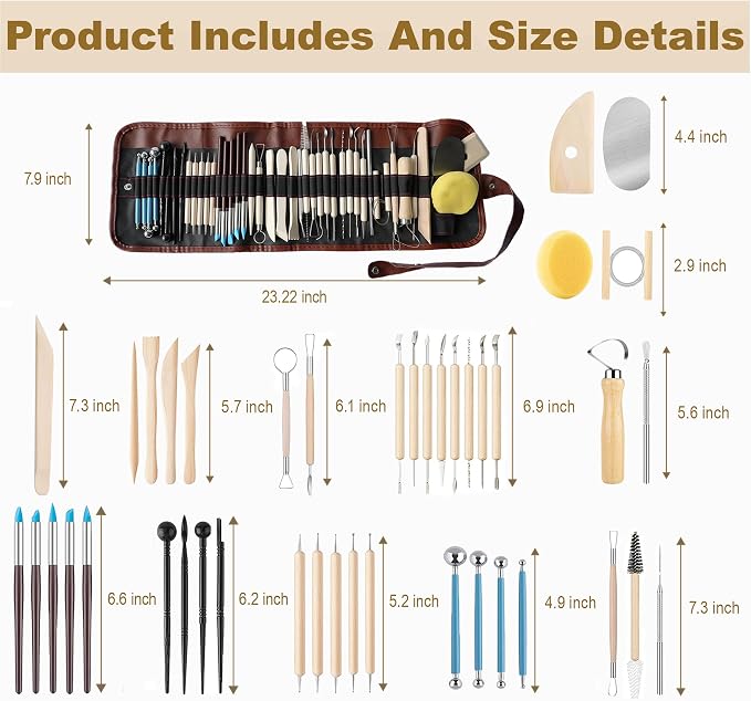 CeeVian 43PCS Clay Sculpting Tools Kit, Pottery Tools Set with Stainless Steel & Wooden Clay Carving Tools, Ball Stylus, Rubber Tip Shapers, Sponge & Storage Bag for Ceramic, Polymer Clay, Sculpting