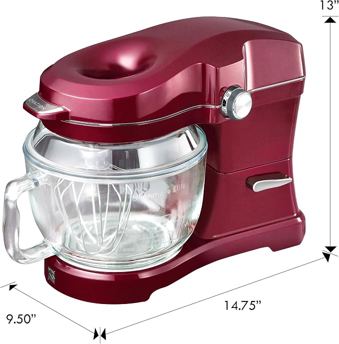 Kenmore Ovation 500W RedStand Mixer, 10‑Speed Tilt‑Head with 5QT Glass Bowl, Pour‑In Top, 360° Splash Guard, LED Light, Flat Beater, Dough Hook & Whisk for Powerful, Stable, Low‑Noise Mixing