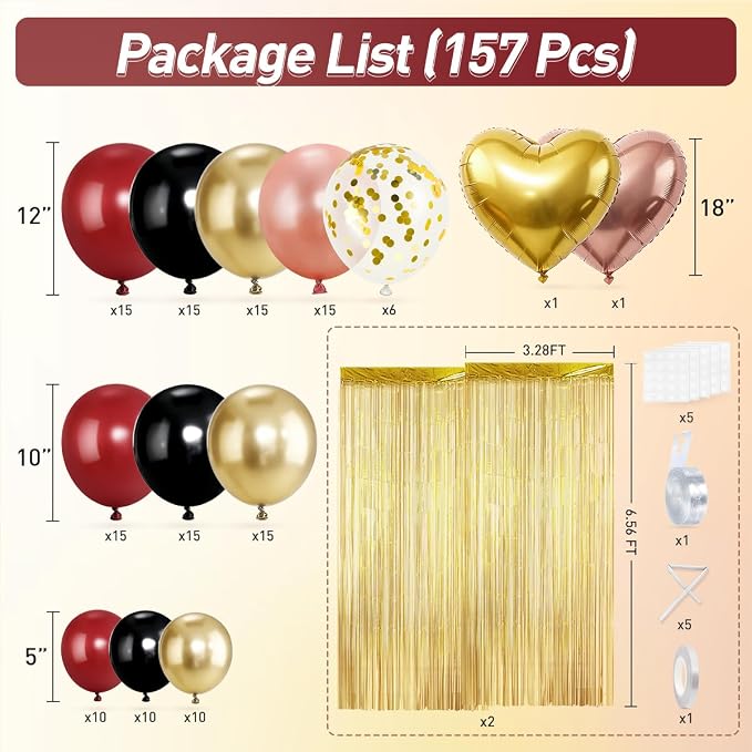 157PCS Burgundy Gold Black and Rose Pink Balloons Arch Garland Kit with Gold Fringe Curtain for Women Girls Birthday Bridal Shower Wedding Valentine's Day Party Decorations