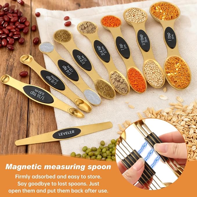 Gold Measuring Cups and Spoons Set, 13-Piece Stainless Steel, 4 Nesting Cups + 8 Double-Sided Measuring Spoons + Leveler, Engraved Sizes, Gold Finish for Cooking and Baking