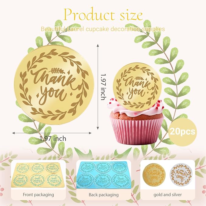 20Pcs Gold Thank You Cupcake Topper Acrylic Mirror Birthday Cake Toppers Thanksgiving Cake Toppers for Decorations Gold Topper for Mother's Gift Flower Party Teacher Appreciation DIY Crafts Decor