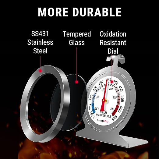 TempPro Oven Thermometer for Gas Oven, 50-300°C/100-600°F Smoker Temperature Gauge with 431 Stainless Steel, Analog Instant Read Cooking Thermometer (Previously ThermoPro)