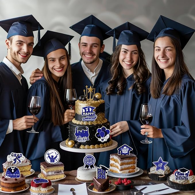 48pcs Edible 2026 Graduation Cupcake Toppers Wafer Paper Blue Class of 2026 Cake Decorations Edible Congrats Grad Cupcake Picks for 2026 Graduation Theme Party Cake Supplies