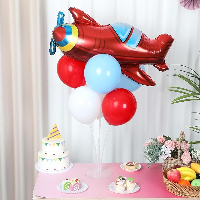 4 Sets Airplane Birthday Party Balloons Stand Kit with 4 Plane Helicopter Foil Balloons Red Blue White Theme Party Balloon Centerpiece for Table for Adventure Time Flies Baby Shower Parties Decoration